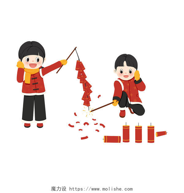 新年小朋友放鞭炮卡通新年元素春节PNG素材